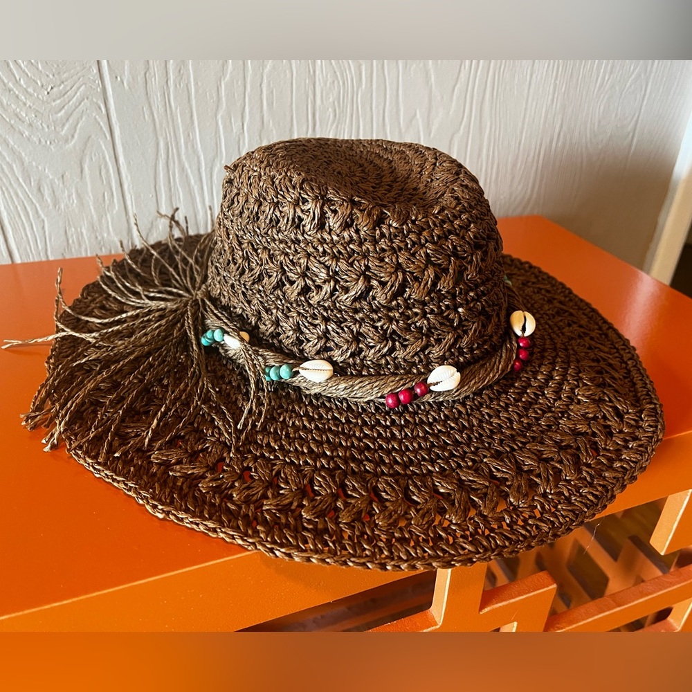 Panama Jack Brown Beach Floppy Crochet Hat Shells, Fringe Tie Beaded Band